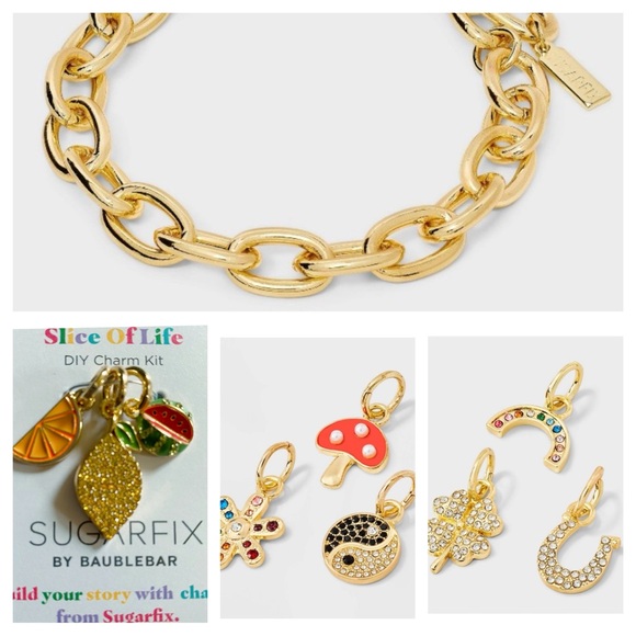 BaubleBar Jewelry - Gold Paperclip Chain Bracelet W/ (9) Charms
Rainbow Mushroom Fruit Yin Yang NWT